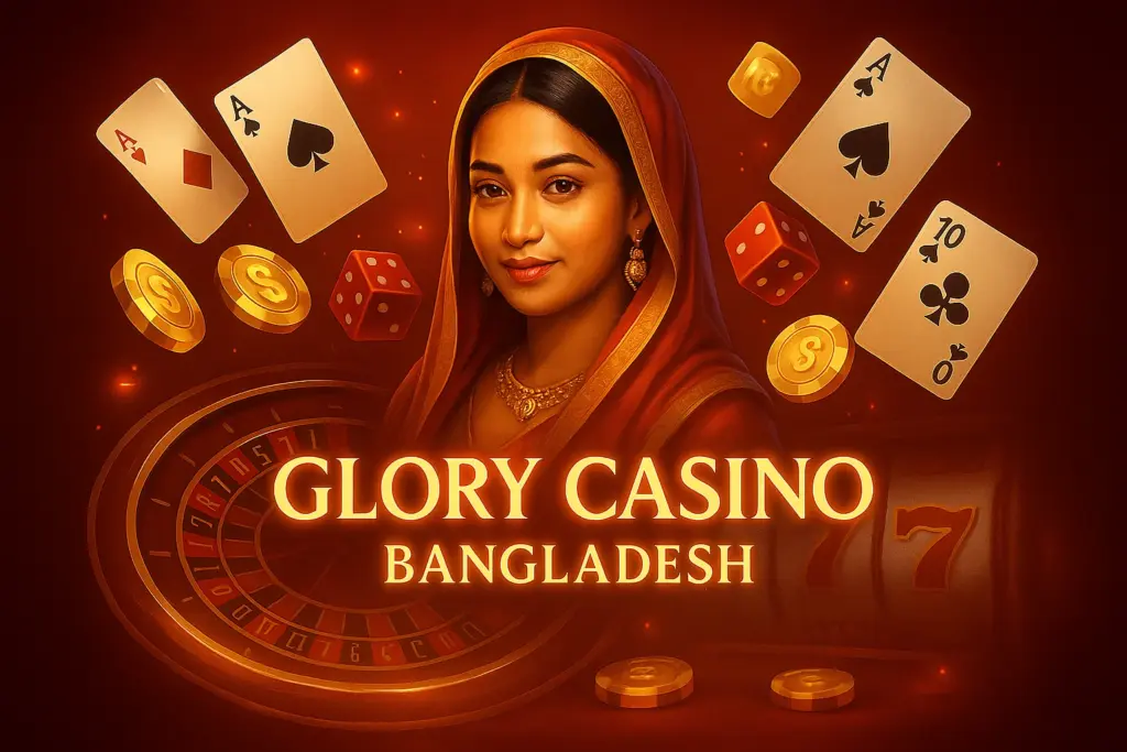 Glory Casino Bangladesh: a young woman in a traditional red sari with golden jewelry, surrounded by floating playing cards (Ace of Spades, Ace of Diamonds, Ten of Clubs), golden chips with dollar symbols, red dice, a roulette wheel, and a slot machine showing triple sevens against a dark red background with glowing effects.